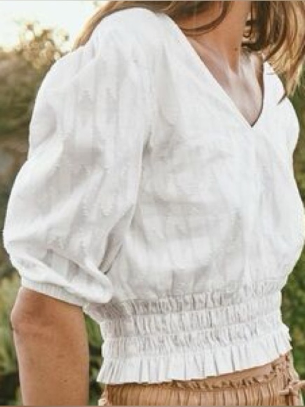 Splendid White V-Neck Smocked Waist Puff Sleeve Top - Textured